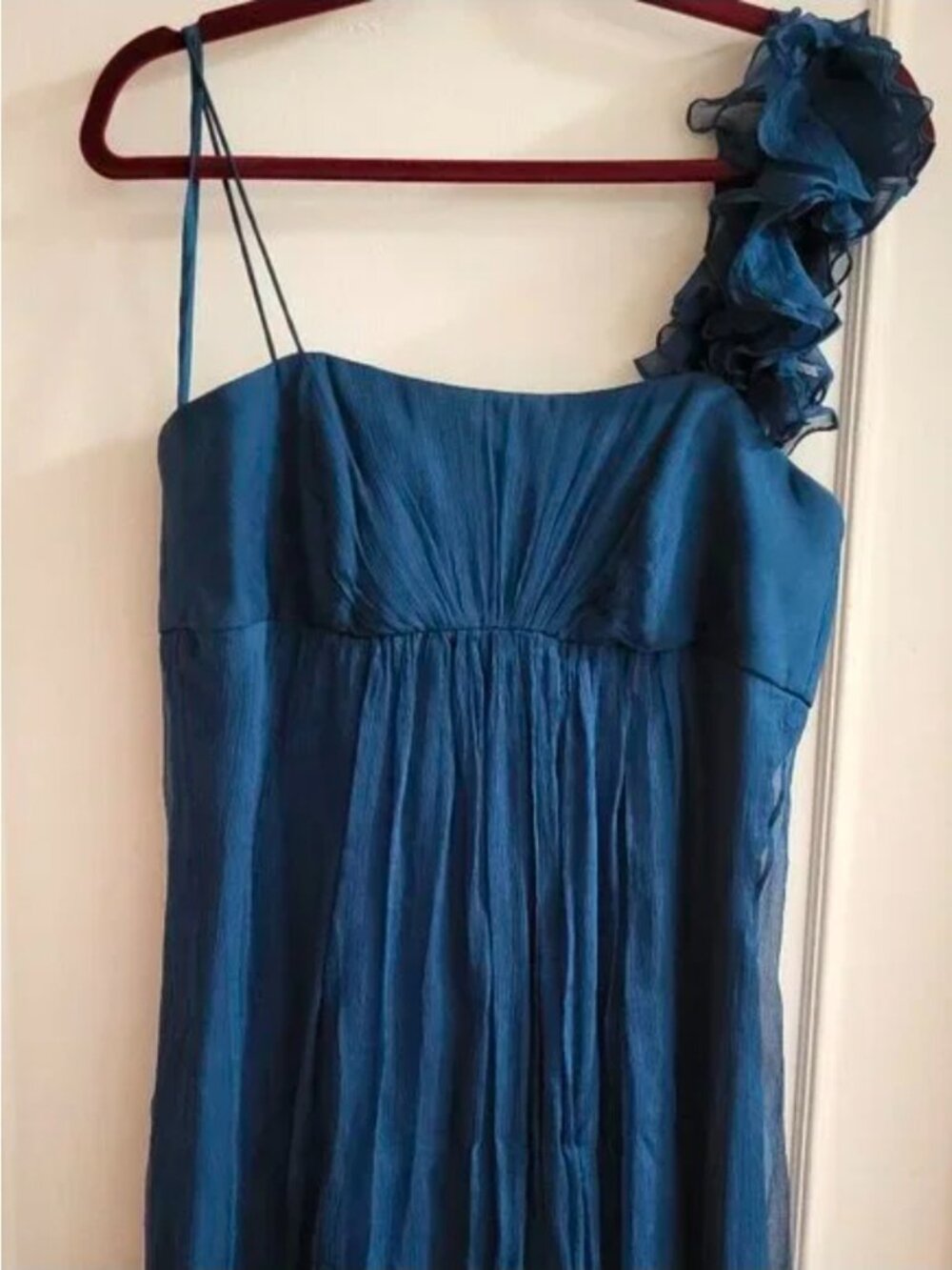 Amsale Silk One-Shoulder Rosette Gown size 8 Pacific Blue 100% Silk
